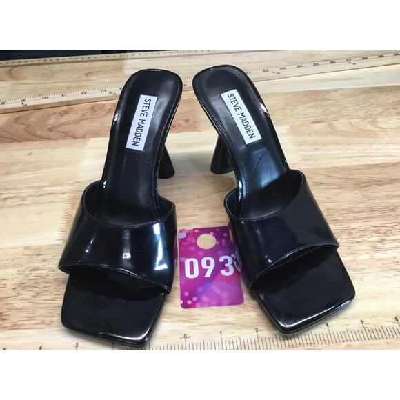 Steve Madden Elated Womens 7M Black Patent Leather Square Toe Cone Slide Sandals - Picture 1 of 8